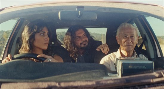 Une jeune femme un vieil homme une voiture rose